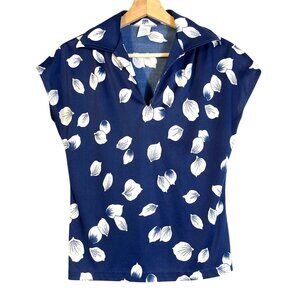 VTG Mardi Modes Women's Floral V-neck Blouse Navy Blue White Size 8 Cap Sleeve